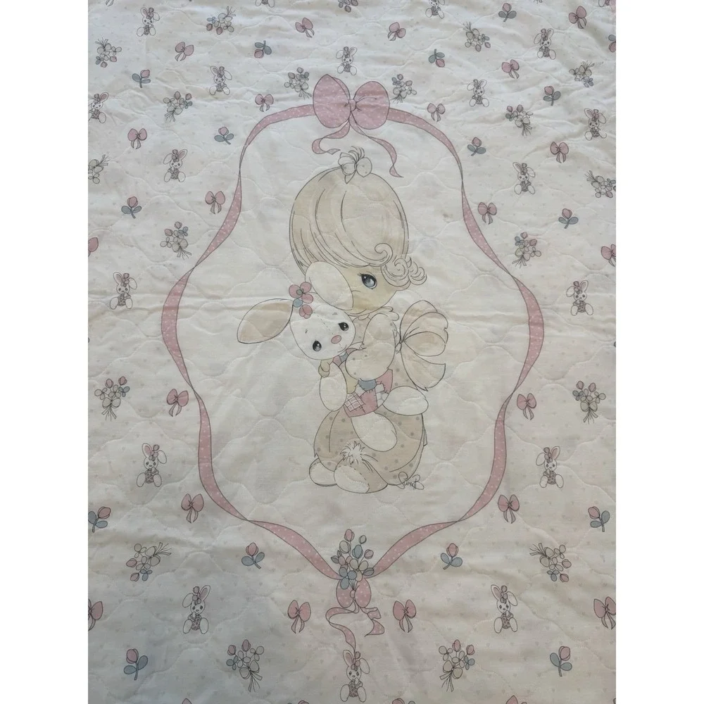 Vintage Baby Quilt Precious Moment Reversible Pink Bunny Teddy Bear 36 X 48